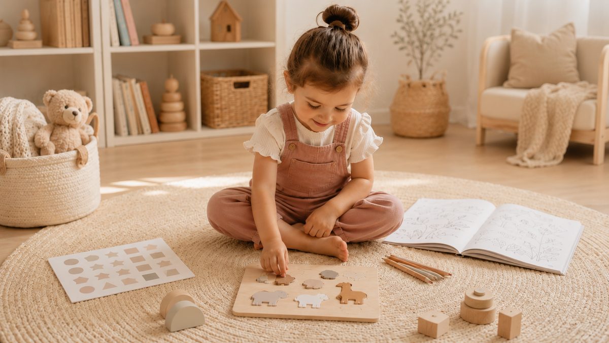 Criança a brincar com pequenos presentes educativos para o Dia da Criança